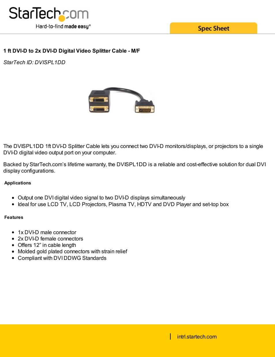 StarTech.com DVI-D Male to Dual DVI-D Female Video Splitter Cable (1', Black) User Manual | 2 pages