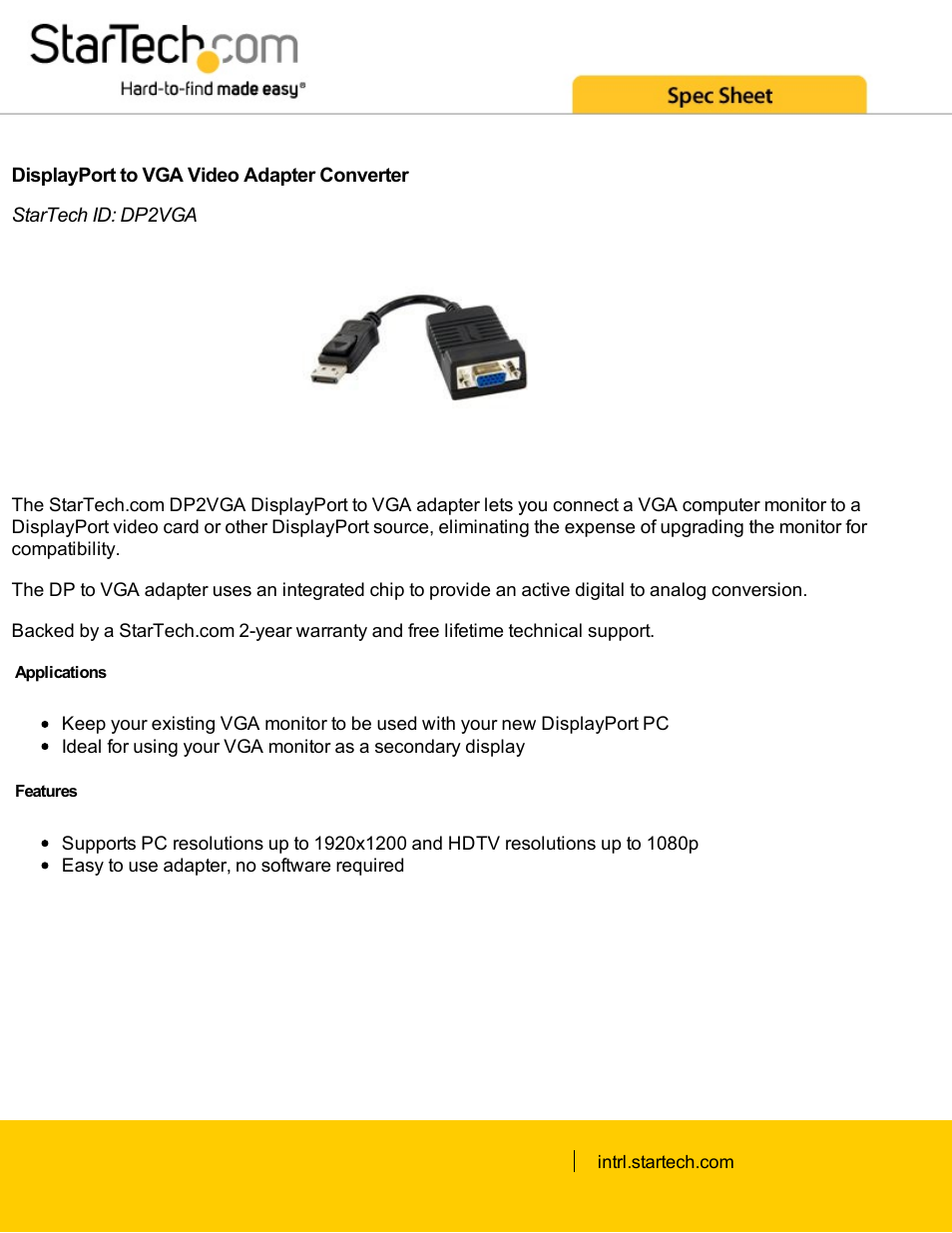 StarTech.com DisplayPort to VGA Video Adapter Converter (Black) User Manual | 2 pages