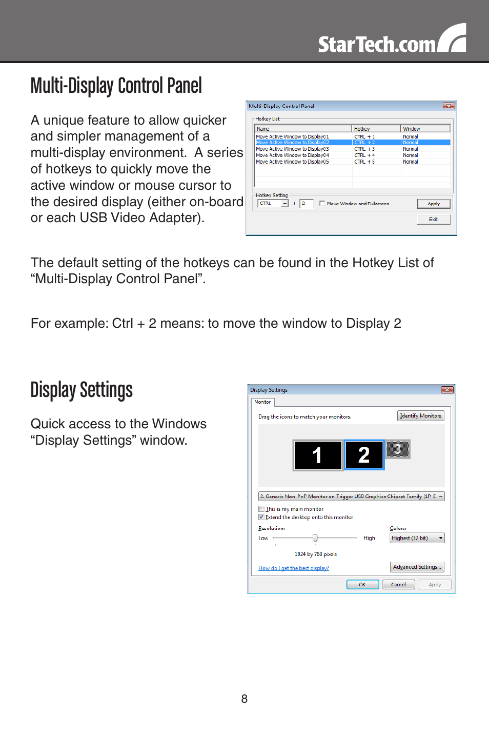 Multi-display control panel, Display settings | StarTech.com USB to VGA Multi-Monitor External Video Adapter (Gray) User Manual | Page 11 / 14