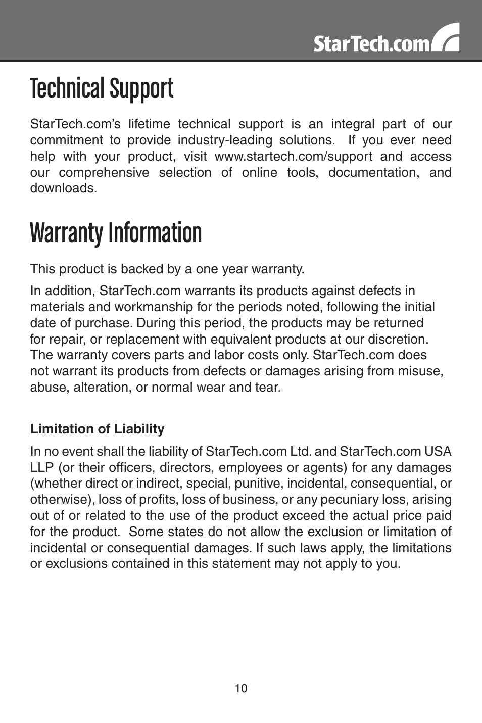 Technical support, Warranty information | StarTech.com USB to VGA Multi-Monitor External Video Adapter (Gray) User Manual | Page 13 / 14