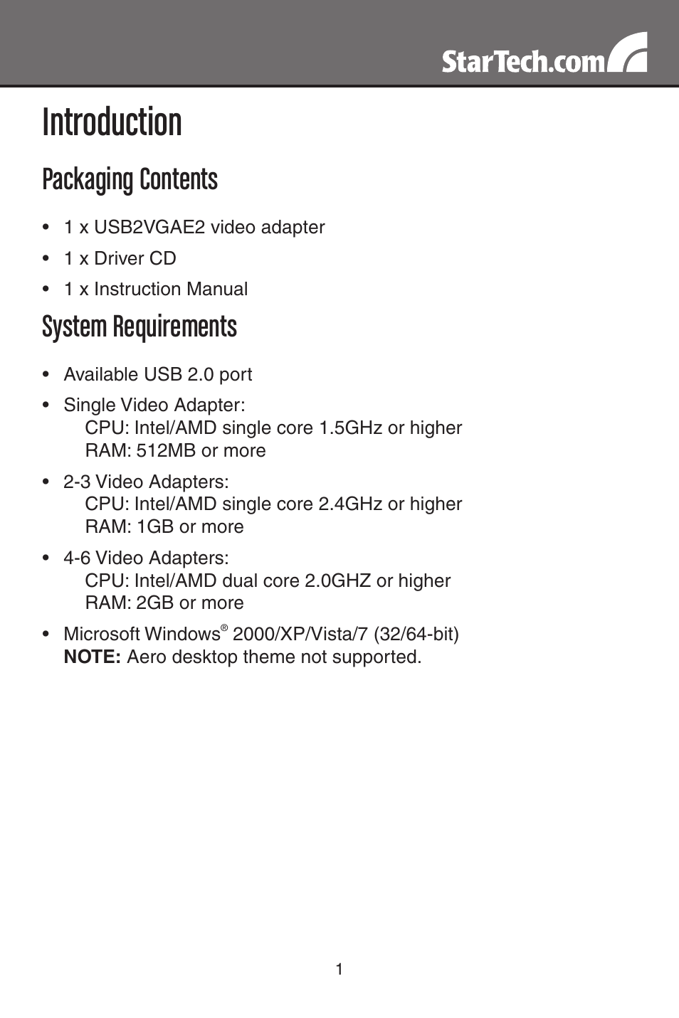 Introduction, Packaging contents, System requirements | StarTech.com USB to VGA Multi-Monitor External Video Adapter (Gray) User Manual | Page 4 / 14