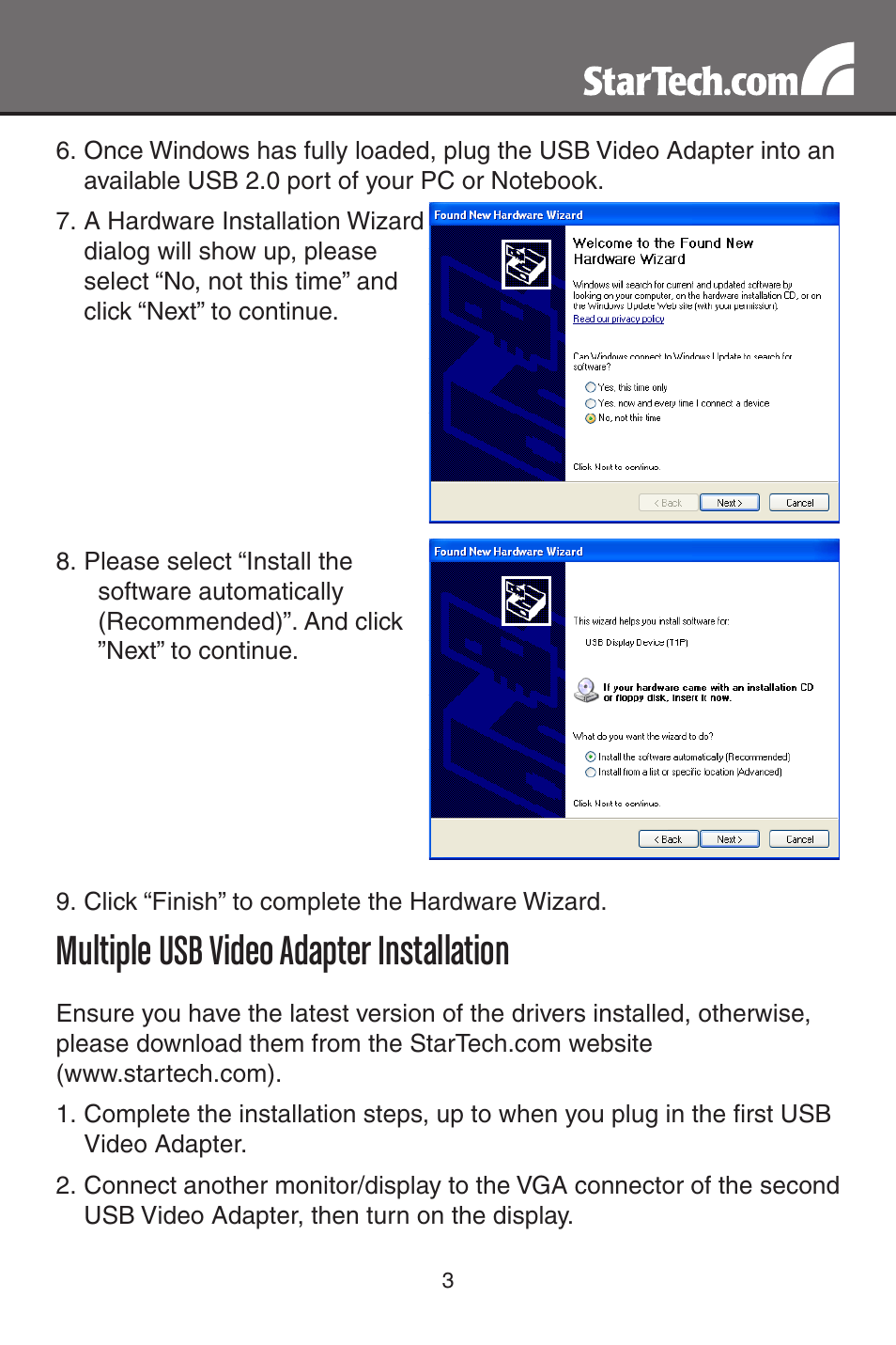 Multiple usb video adapter installation | StarTech.com USB to VGA Multi-Monitor External Video Adapter (Gray) User Manual | Page 6 / 14