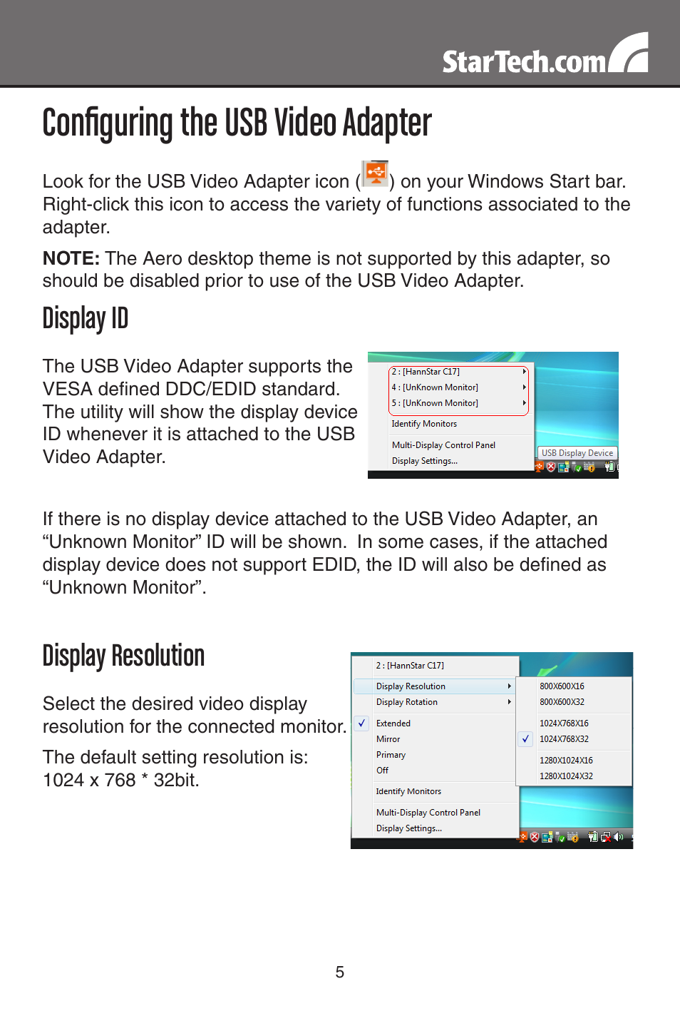 Configuring the usb video adapter, Display id, Display resolution | StarTech.com USB to VGA Multi-Monitor External Video Adapter (Gray) User Manual | Page 8 / 14