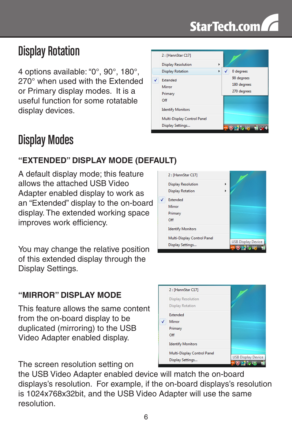 Display rotation, Display modes | StarTech.com USB to VGA Multi-Monitor External Video Adapter (Gray) User Manual | Page 9 / 14