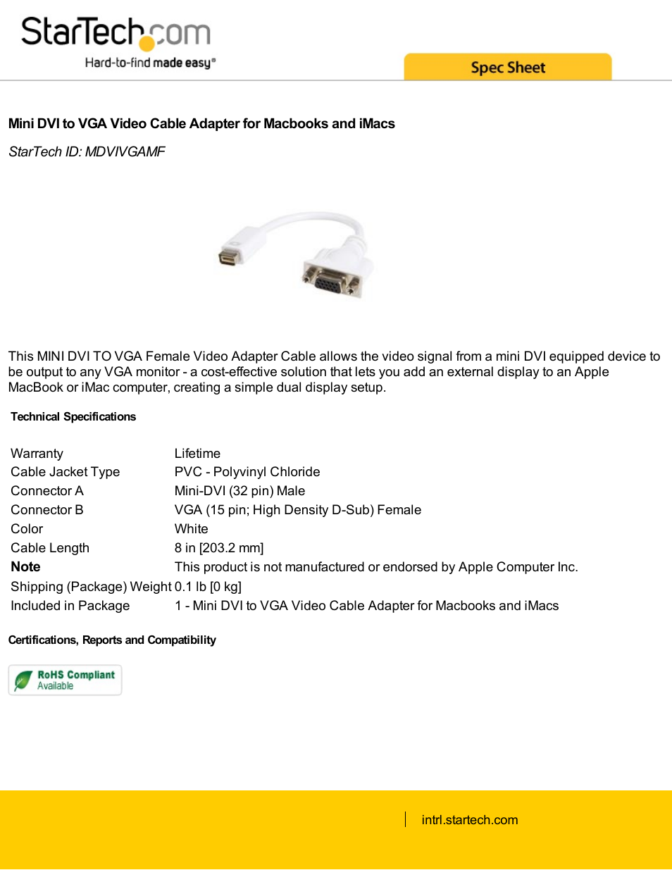 StarTech.com Mini DVI to VGA Video Cable Adapter for MacBook and iMac (White) User Manual | 1 page