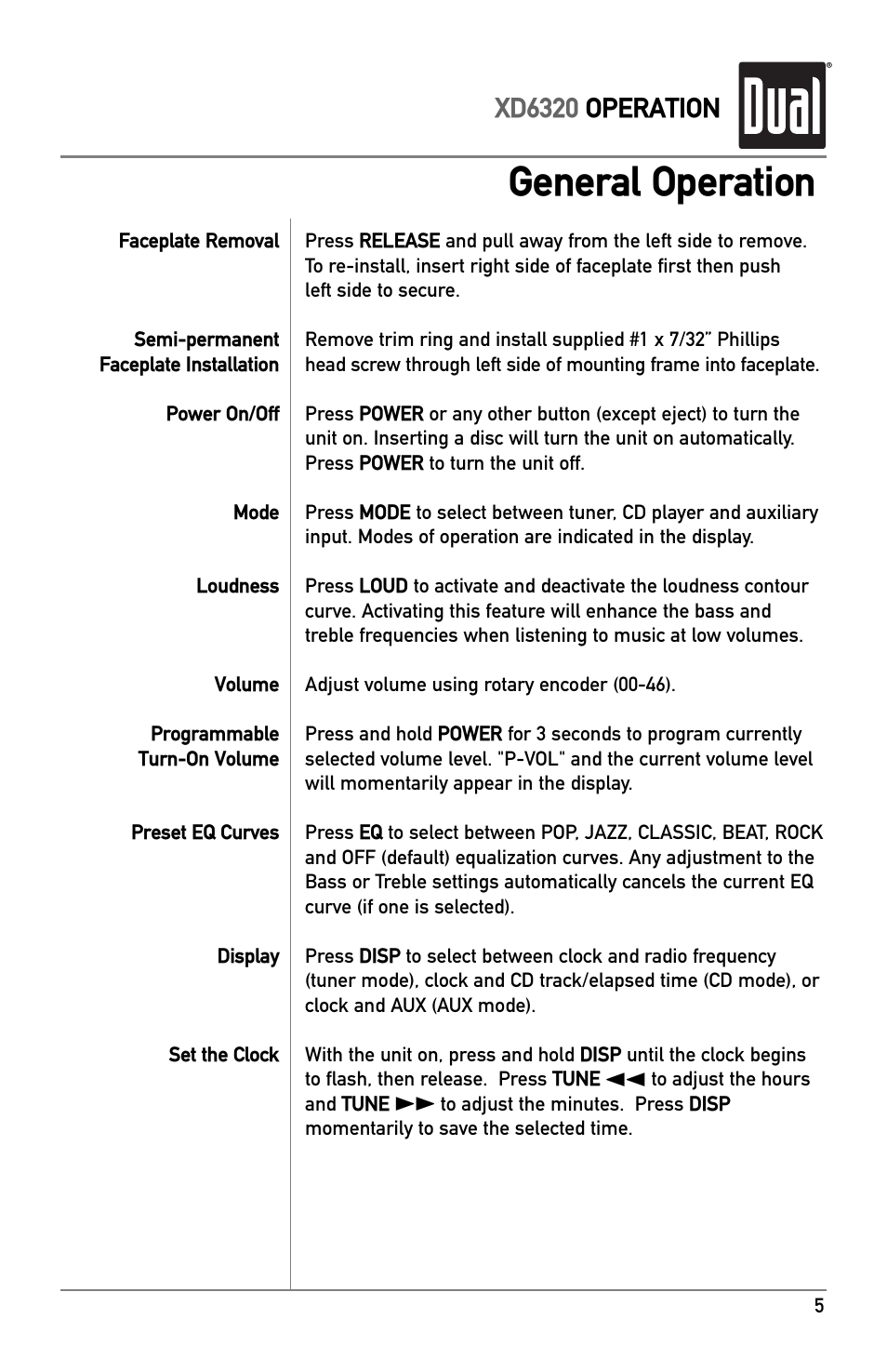 General operation, Xd6320 operation | Dual AM/FM/CD RECEIVER with Detach Face XD6320 User Manual | Page 5 / 12