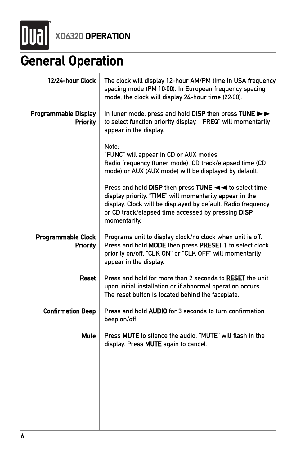 General operation, Xd6320 operation | Dual AM/FM/CD RECEIVER with Detach Face XD6320 User Manual | Page 6 / 12