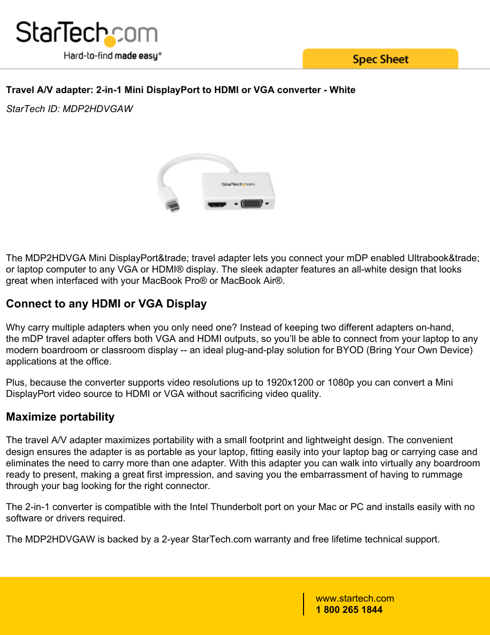 StarTech.com 2-in-1 Mini DisplayPort to HDMI/VGA Travel Adapter Converter (White) User Manual | 3 pages