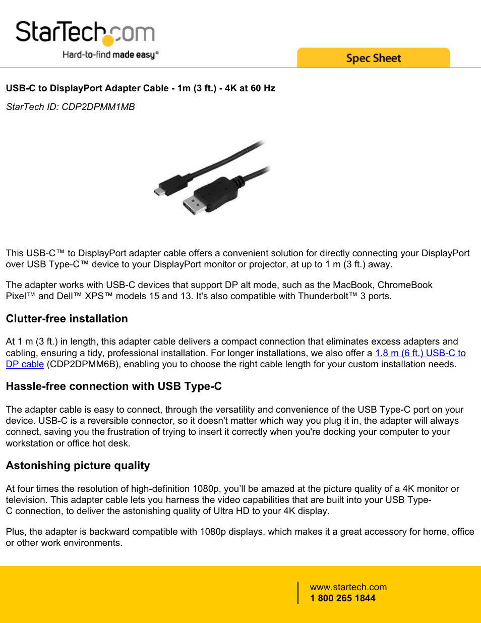 StarTech.com USB Type-C to DisplayPort Adapter Cable (3.3') User Manual | 4 pages