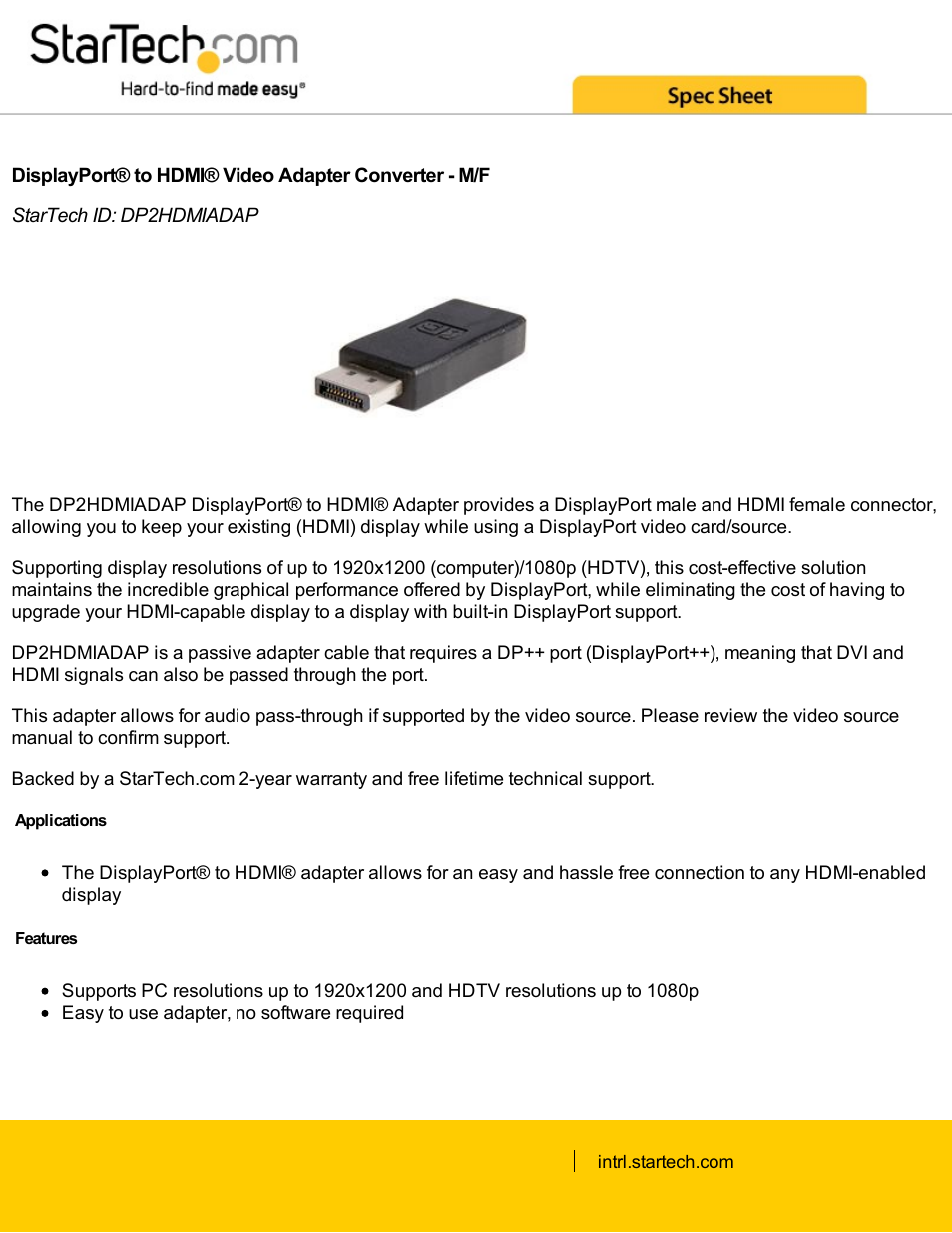 StarTech.com Displayport To HDMI Video Adapter Converter - M/F (Black) User Manual | 2 pages