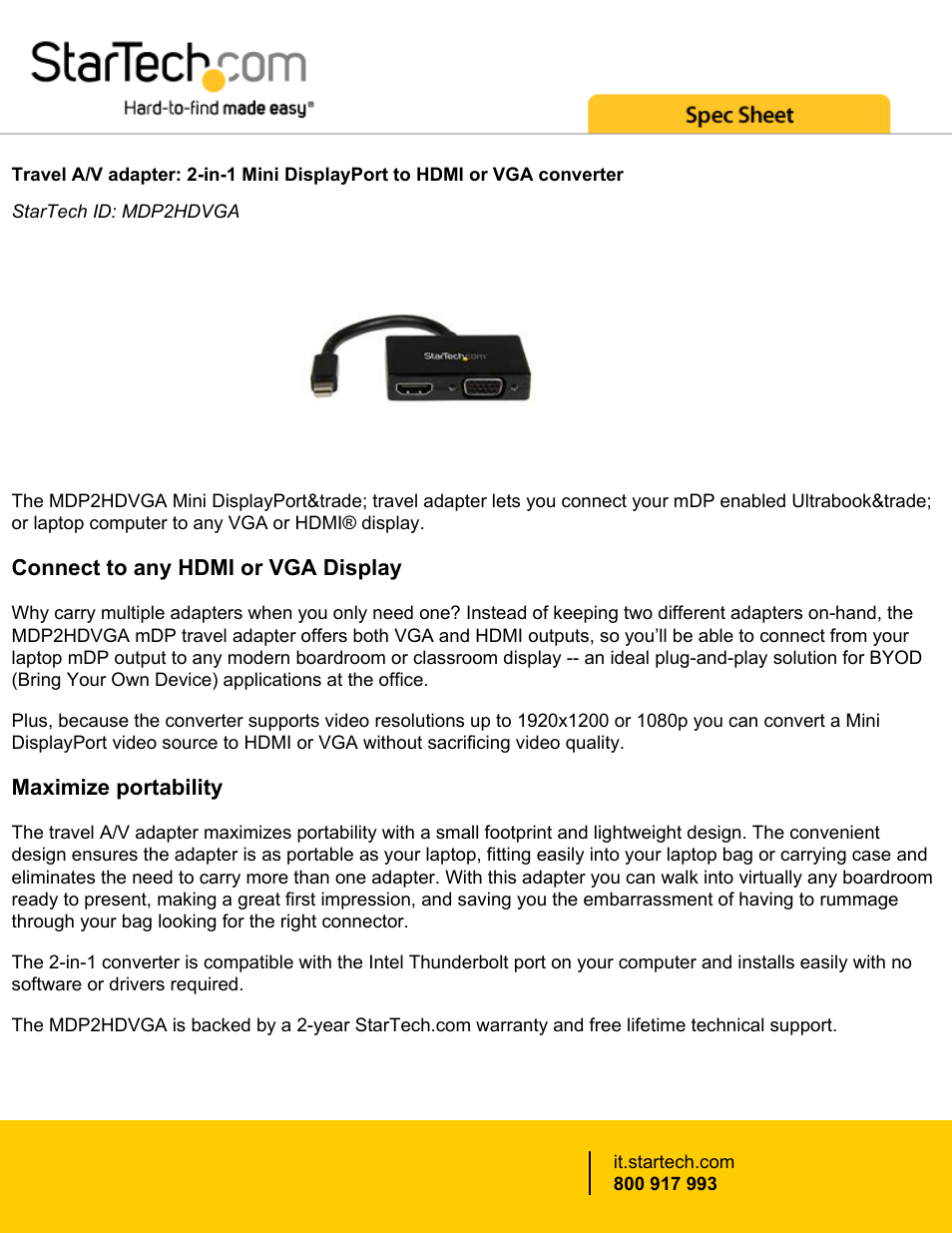 StarTech.com 2-in-1 Mini DisplayPort to HDMI/VGA Travel Adapter Converter (Black) User Manual | 3 pages