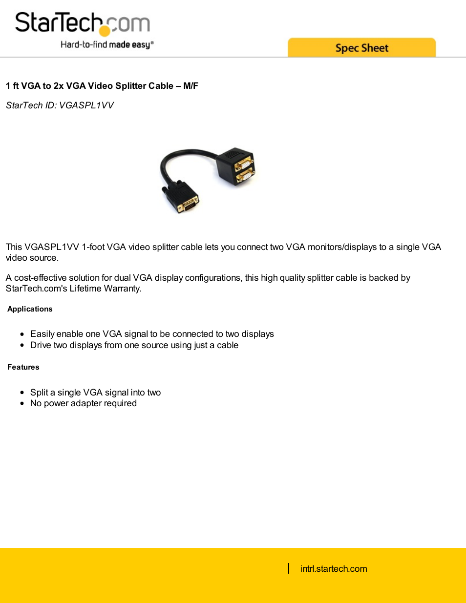 StarTech.com Male VGA to Dual Female VGA Video Splitter Cable (1', Black) User Manual | 2 pages