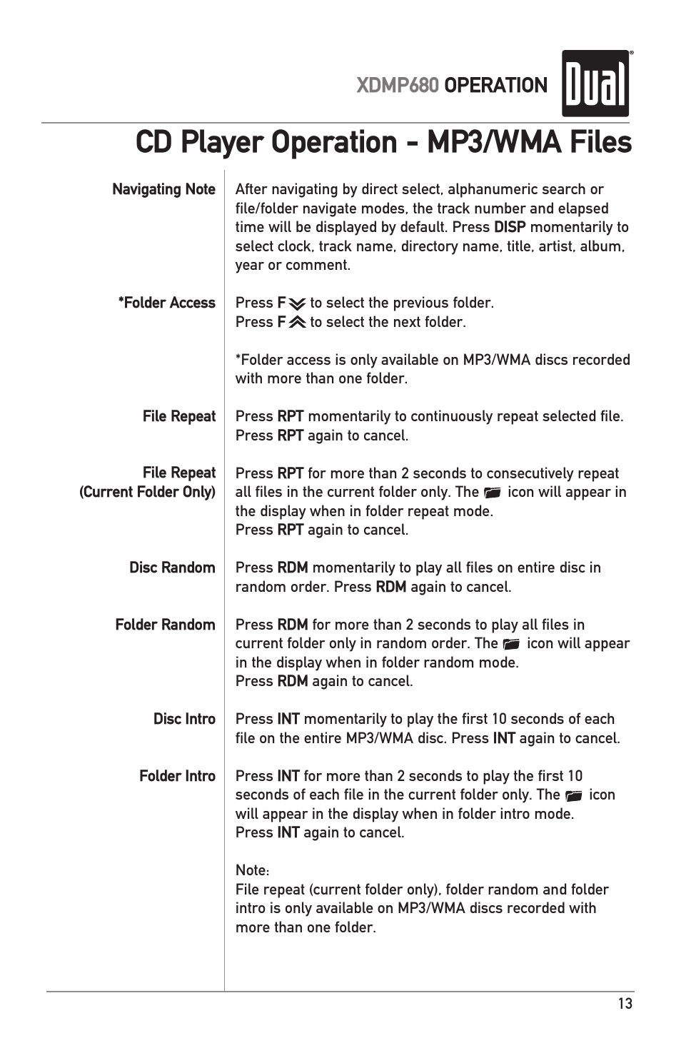 Cd player operation - mp3/wma files, Xdmp680 operation | Dual IPLUG XDMP680 User Manual | Page 13 / 20