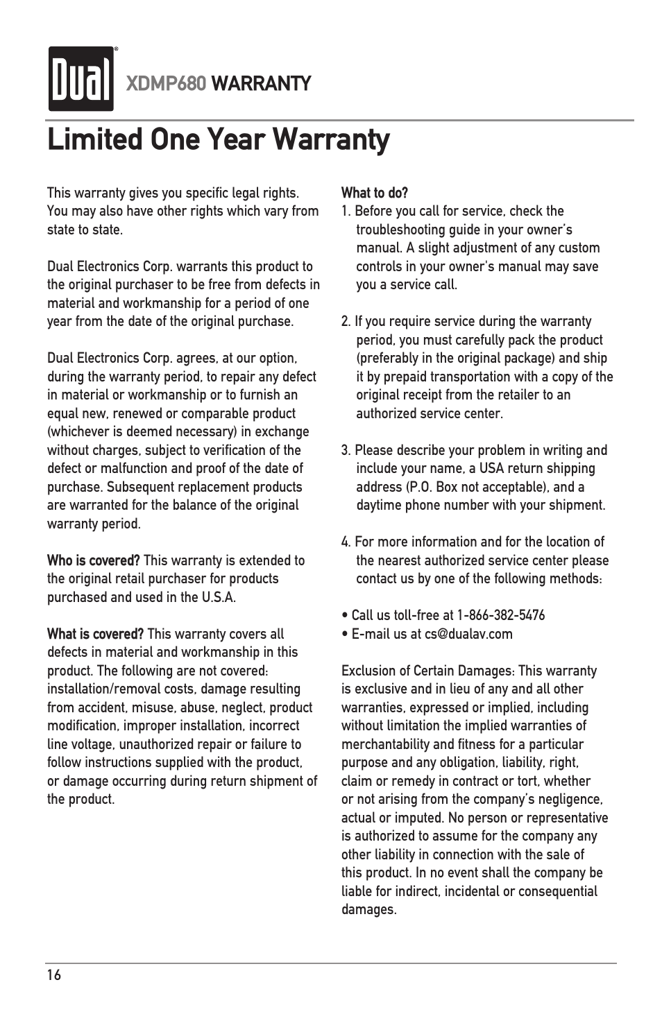 Limited one year warranty, Xdmp680 warranty | Dual IPLUG XDMP680 User Manual | Page 16 / 20