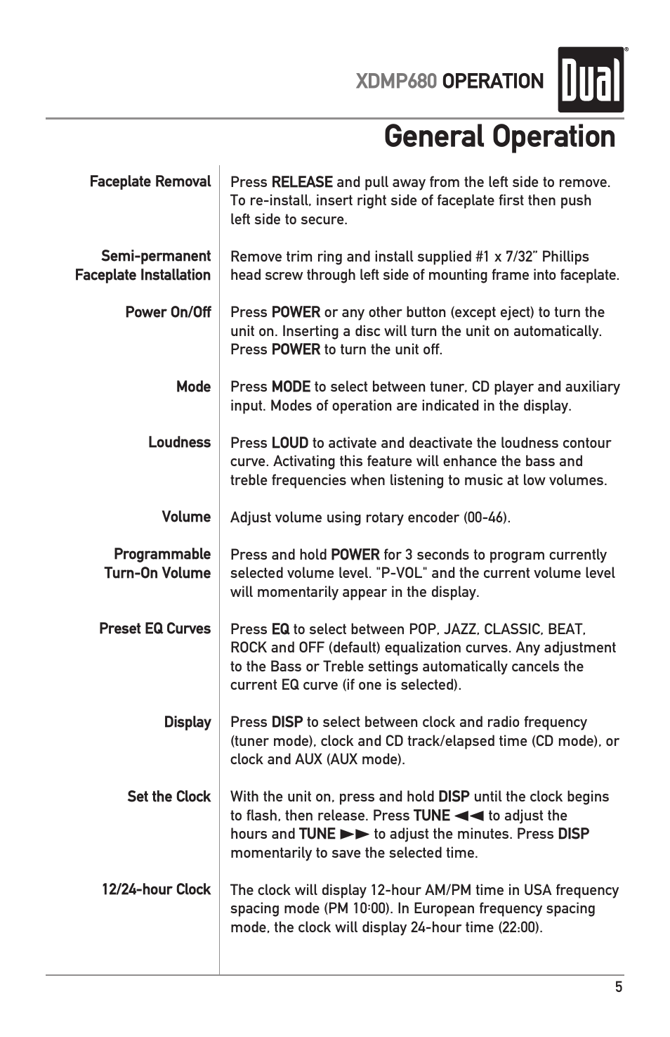 General operation, Xdmp680 operation | Dual IPLUG XDMP680 User Manual | Page 5 / 20