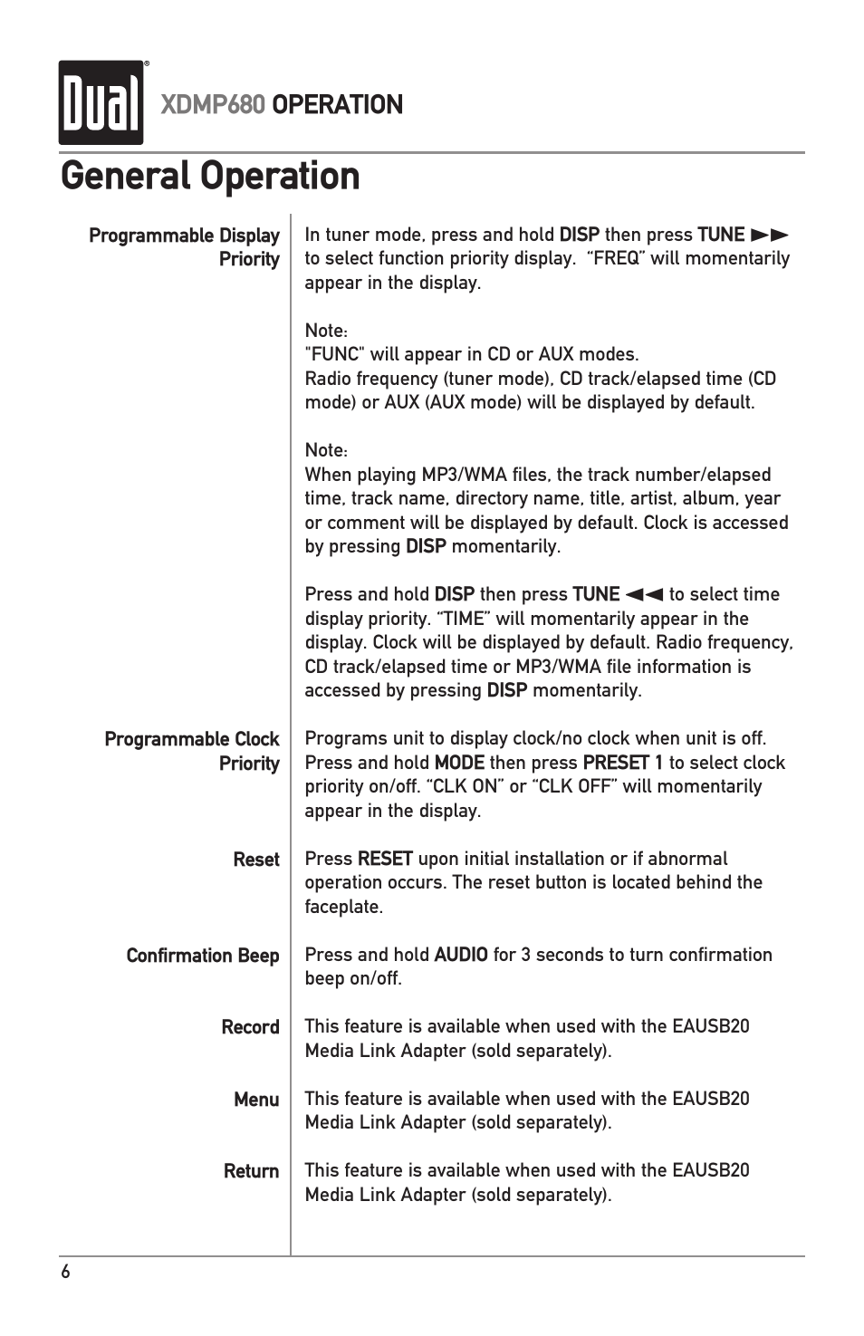 General operation, Xdmp680 operation | Dual IPLUG XDMP680 User Manual | Page 6 / 20