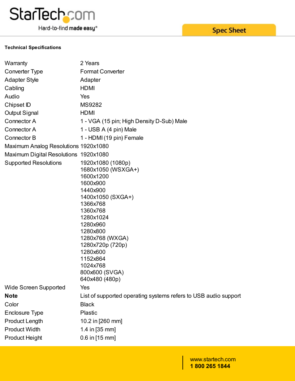 StarTech.com VGA to 1080p HDMI Adapter with USB Audio & Power (10.2") User Manual | Page 3 / 4