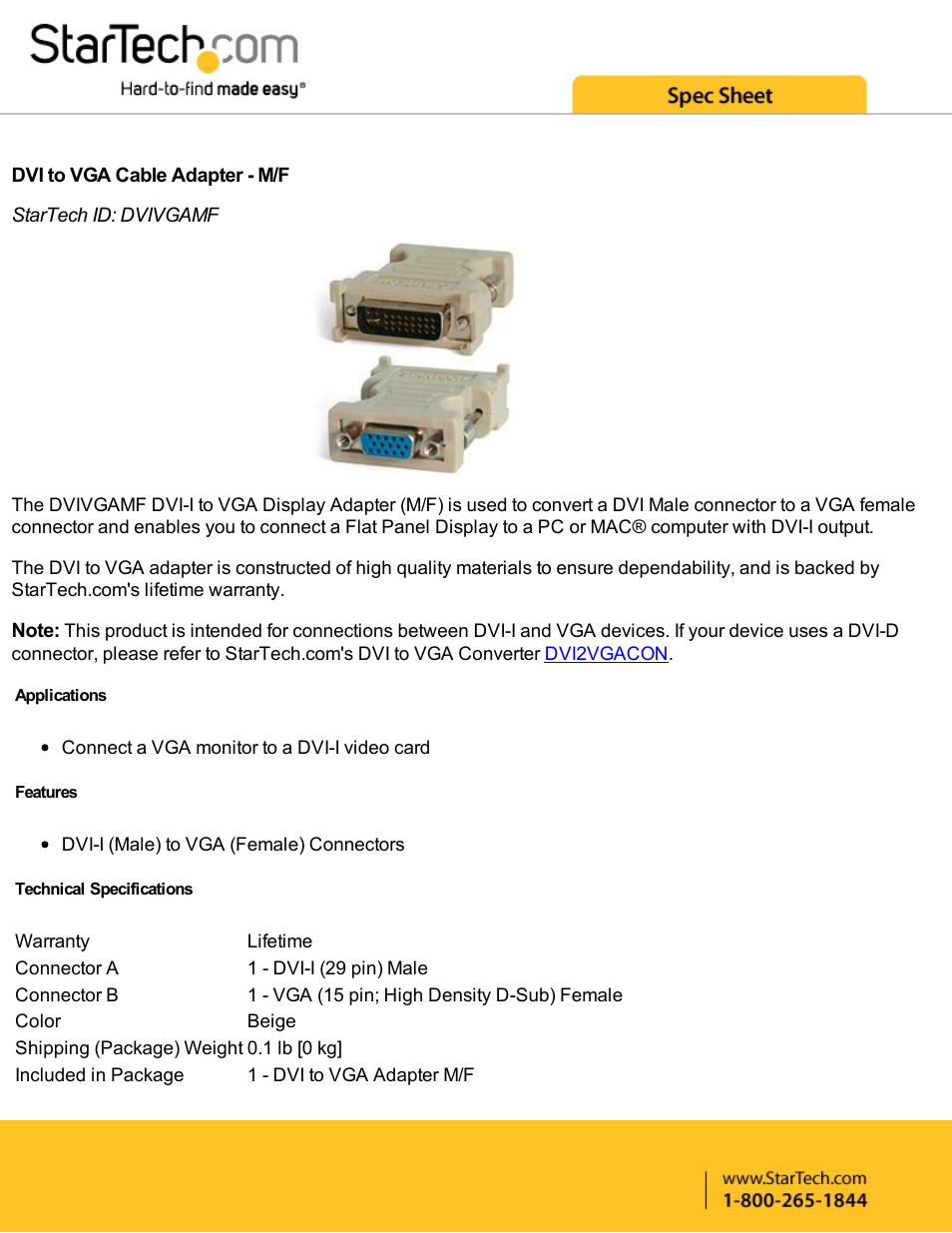 StarTech.com DVI-I Male to VGA Female Adapter (Beige) User Manual | 2 pages