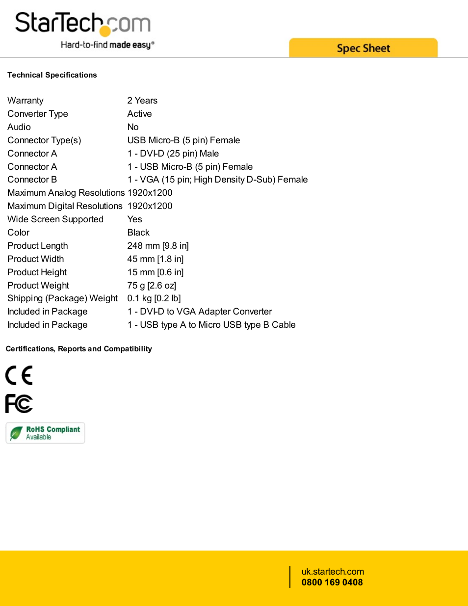 StarTech.com DVI-D Male to VGA Female Active Adapter Converter Cable (Black, 9.8") User Manual | Page 2 / 2