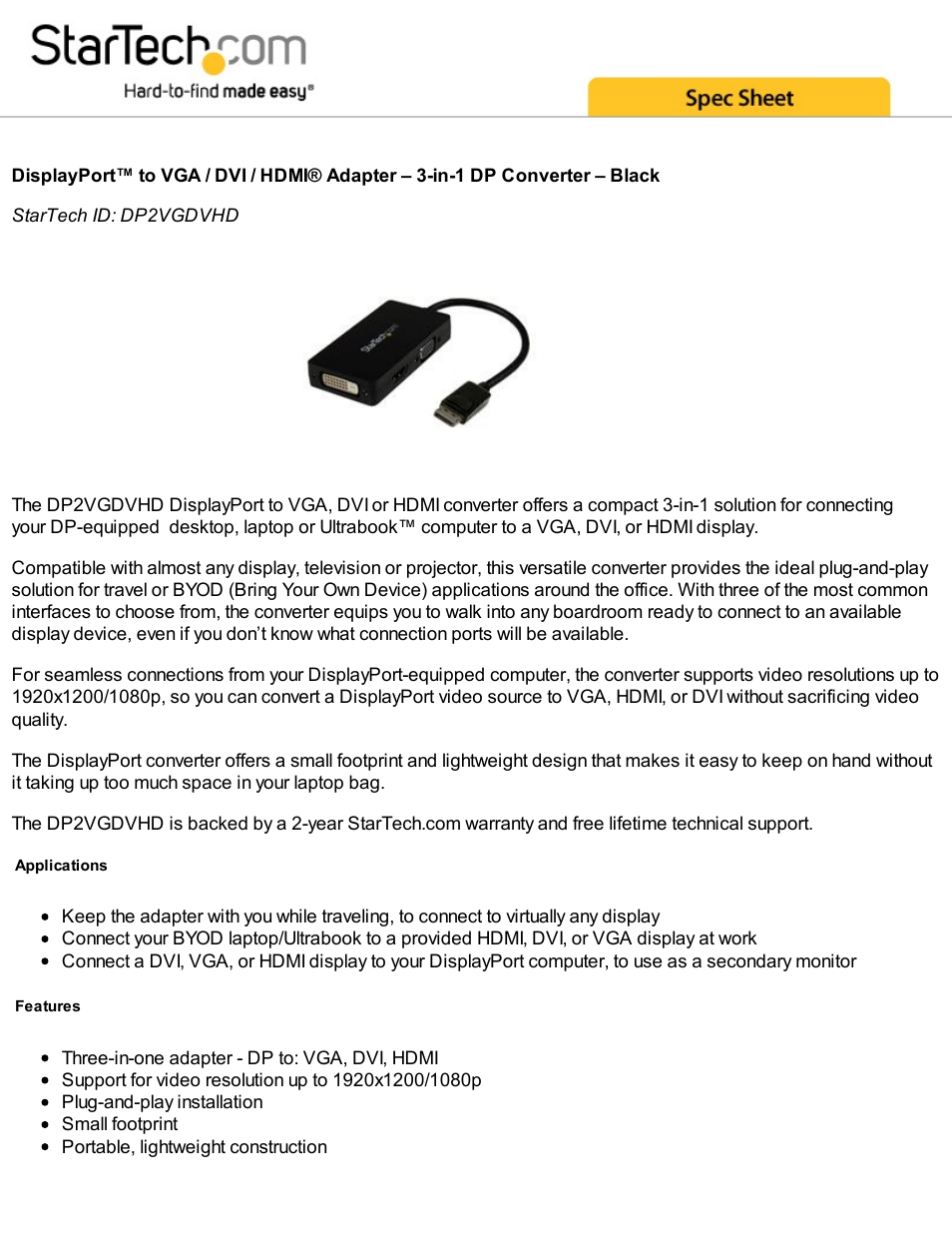 StarTech.com 3-in-1 DisplayPort to VGA/DVI/HDMI Travel Converter (Black) User Manual | 2 pages