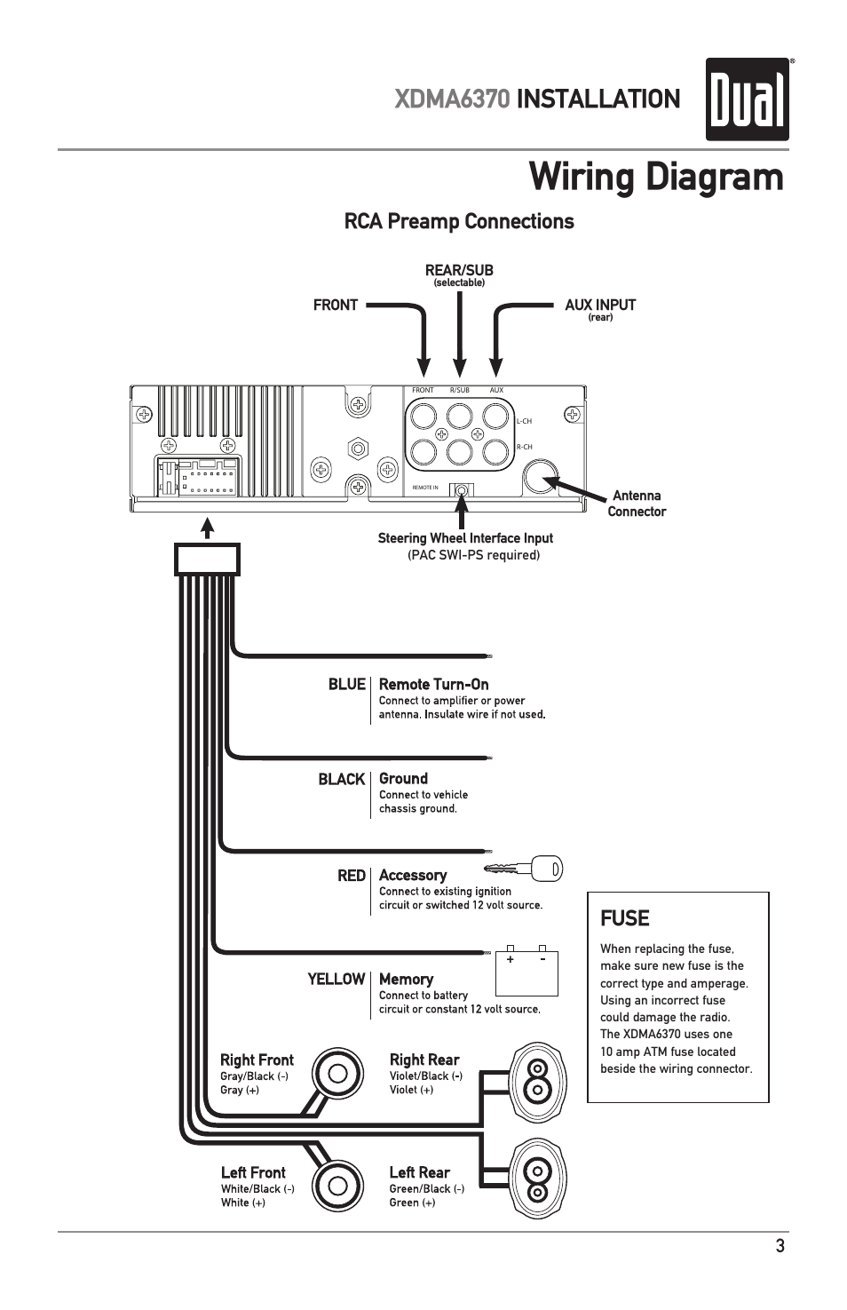 Wiring diagram, Xdma6370 installation, Fuse | Rca preamp connections | Dual WMA XDMA6370 User Manual | Page 3 / 28