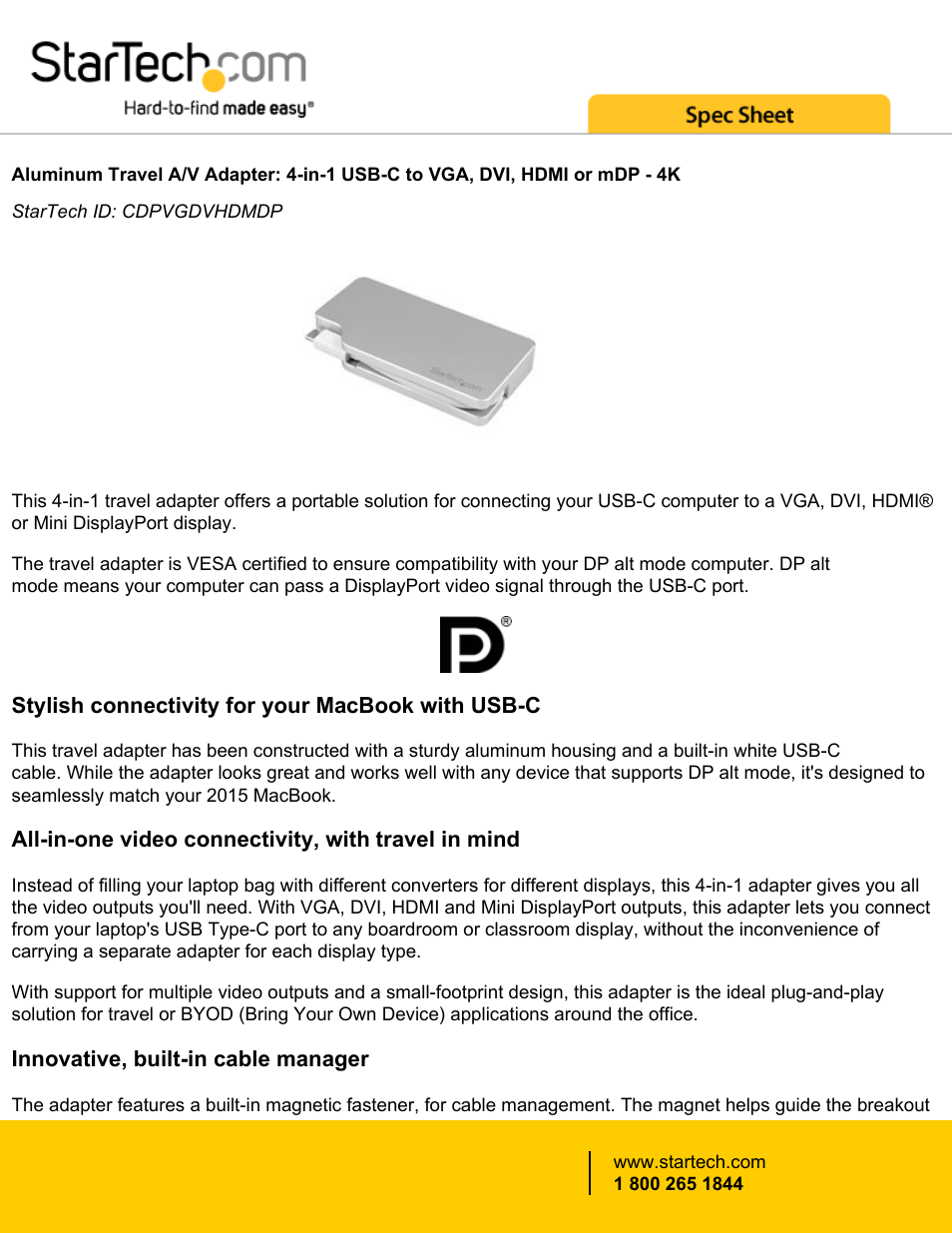 StarTech.com 4-in-1 USB Type-C A/V Multi-Adapter Hub User Manual | 4 pages