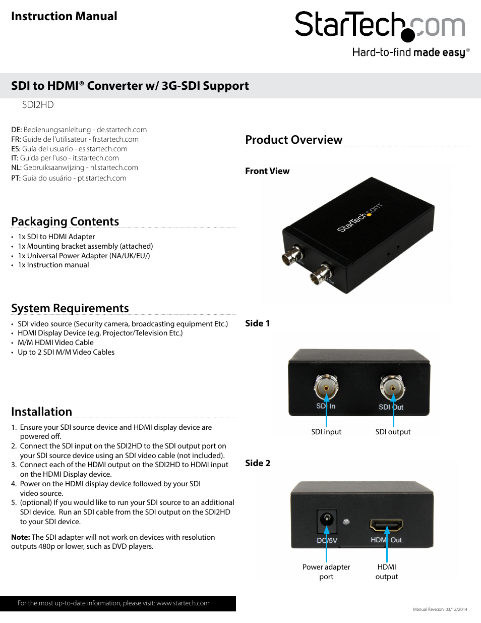 StarTech.com SDI2HD 3G-SDI to HDMI Converter with SDI Loopthrough User Manual | 2 pages