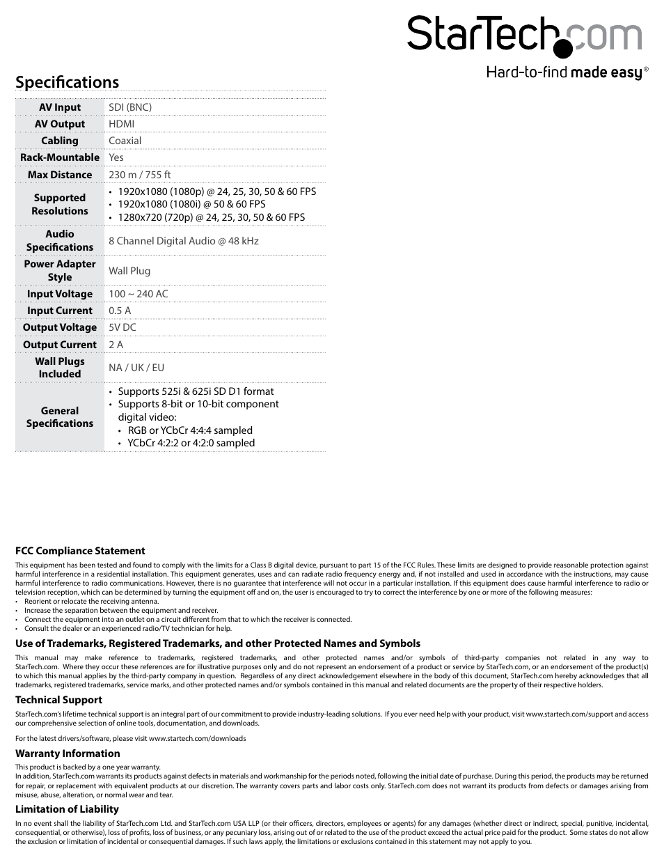 Specifications | StarTech.com SDI2HD 3G-SDI to HDMI Converter with SDI Loopthrough User Manual | Page 2 / 2