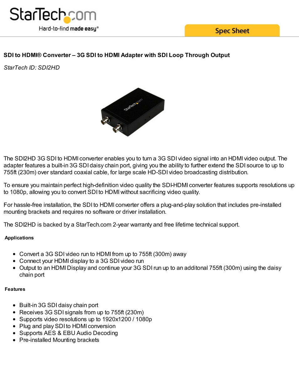 StarTech.com SDI2HD 3G-SDI to HDMI Converter with SDI Loopthrough User Manual | 3 pages