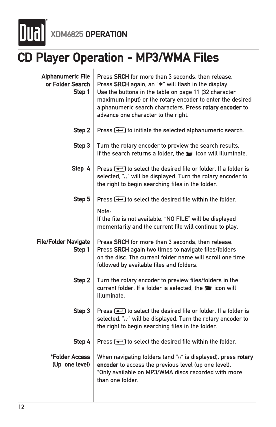 Cd player operation - mp3/wma files, Xdm6825 operation | Dual XDM6825 User Manual | Page 12 / 20