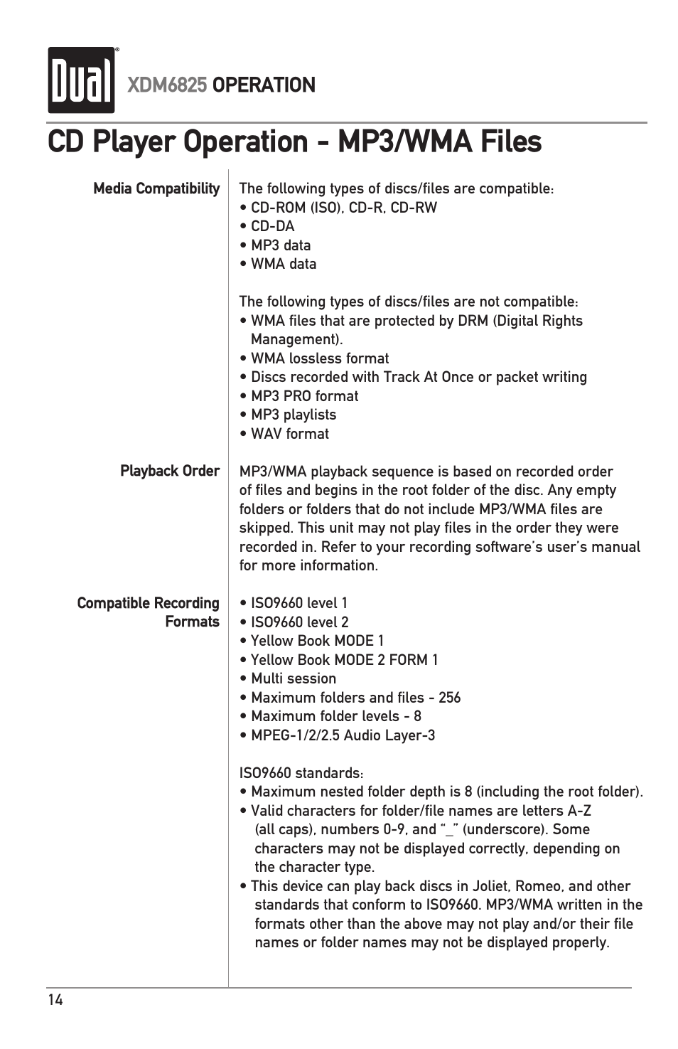 Cd player operation - mp3/wma files, Xdm6825 operation | Dual XDM6825 User Manual | Page 14 / 20