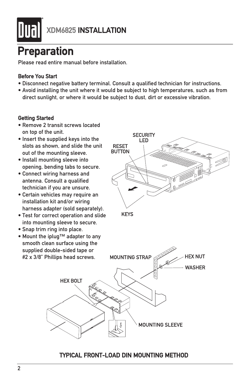 Preparation, Xdm6825 installation | Dual XDM6825 User Manual | Page 2 / 20