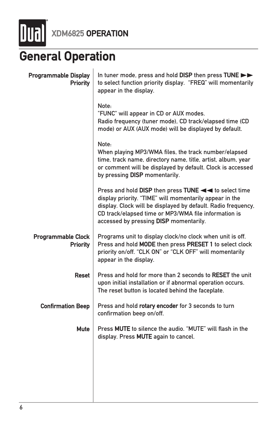 General operation, Xdm6825 operation | Dual XDM6825 User Manual | Page 6 / 20