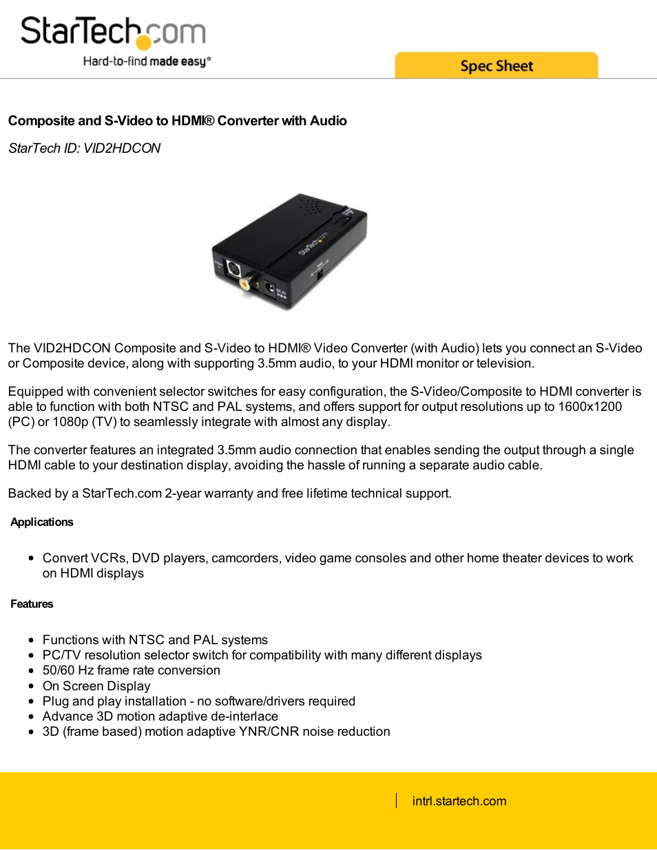 StarTech.com VID2HDCON Composite & S-Video to HDMI Converter with Audio (Black) User Manual | 3 pages