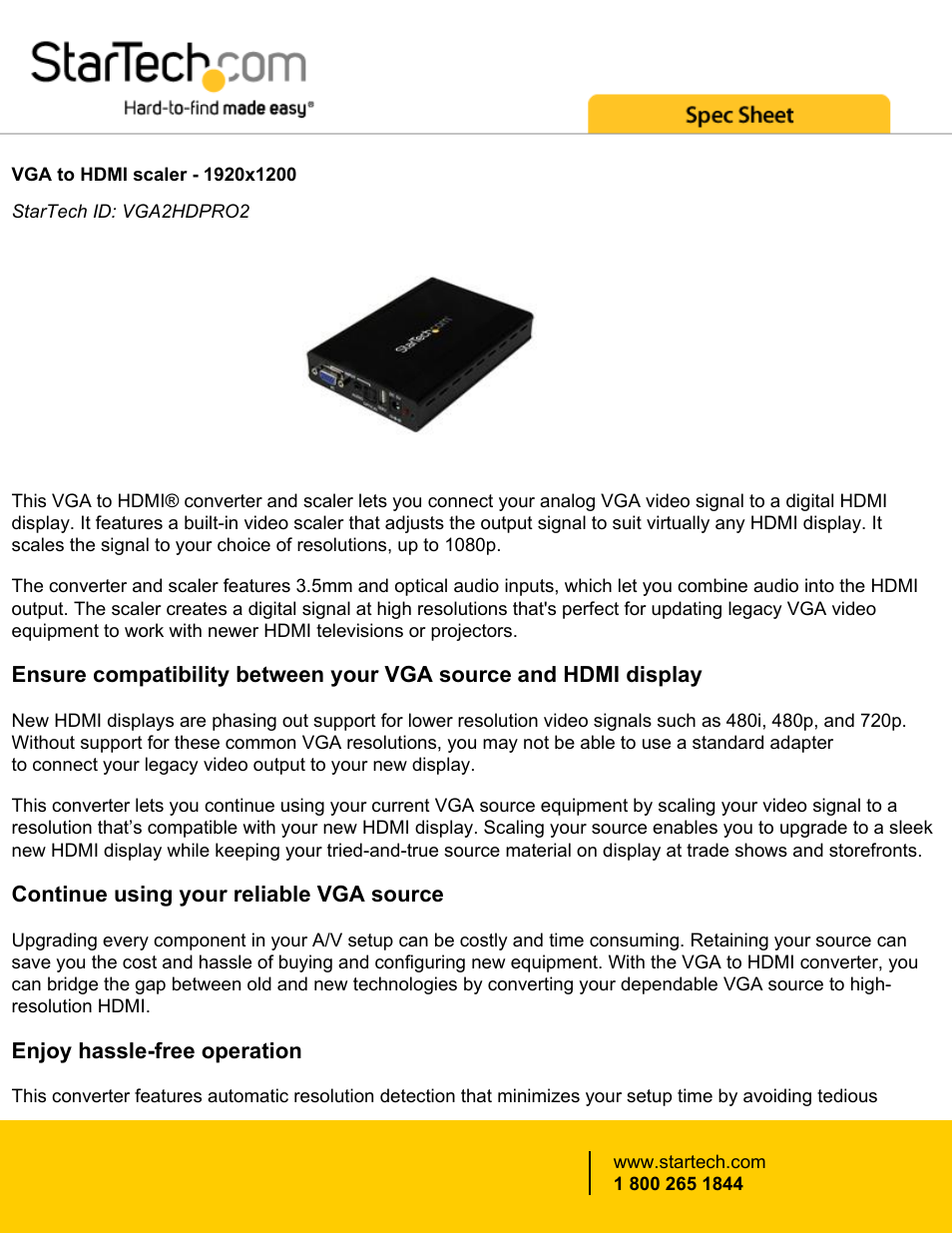 StarTech.com VGA to HDMI Converter and Scaler User Manual | 4 pages