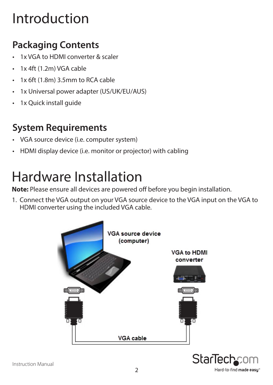 Introduction, Hardware installation, Packaging contents | System requirements | StarTech.com VGA to HDMI Converter and Scaler User Manual | Page 5 / 9