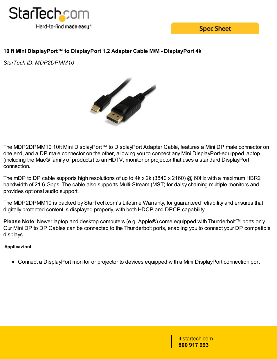 StarTech.com Mini DisplayPort Male to DisplayPort Male Cable (10') User Manual | 2 pages