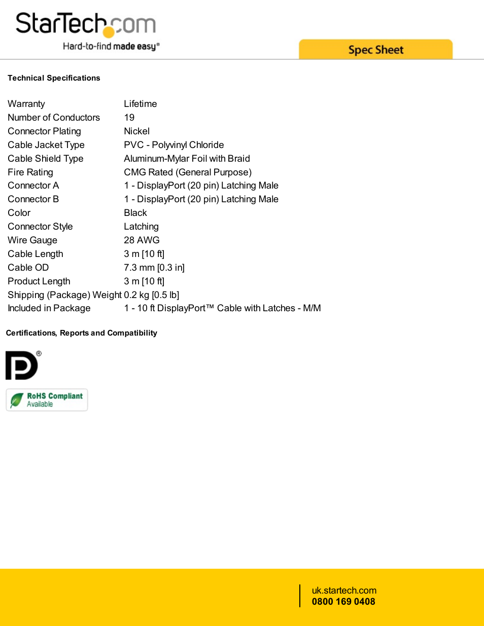 StarTech.com DisplayPort 1.2 Cable with Latches (10') User Manual | Page 2 / 2