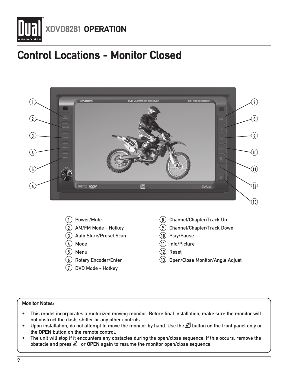 Control locations - monitor closed, Xdvd8281 operation | Dual XDVD8281 User Manual | Page 10 / 60