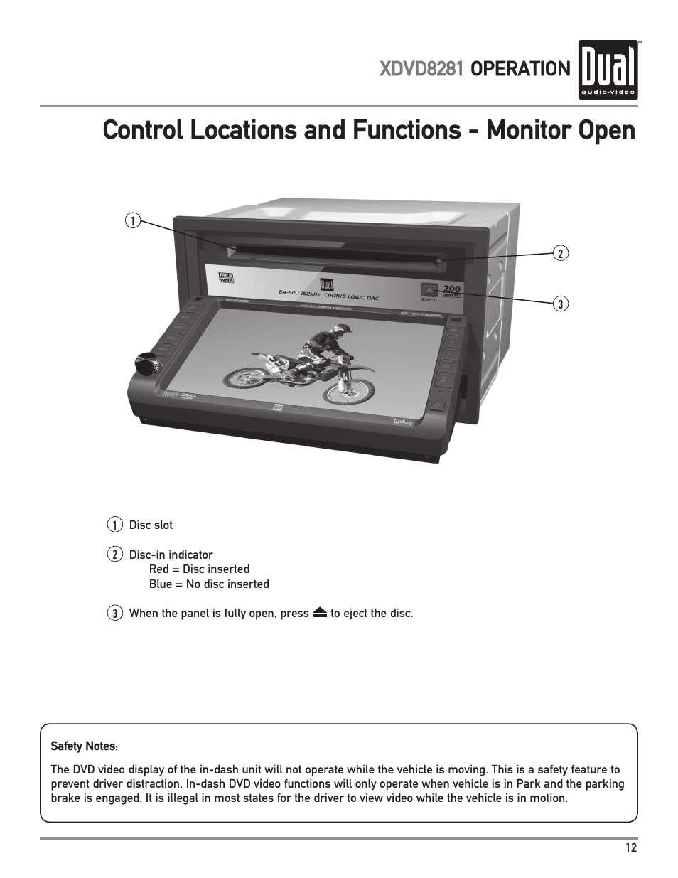 Control locations and functions - monitor open, Xdvd8281 operation | Dual XDVD8281 User Manual | Page 13 / 60