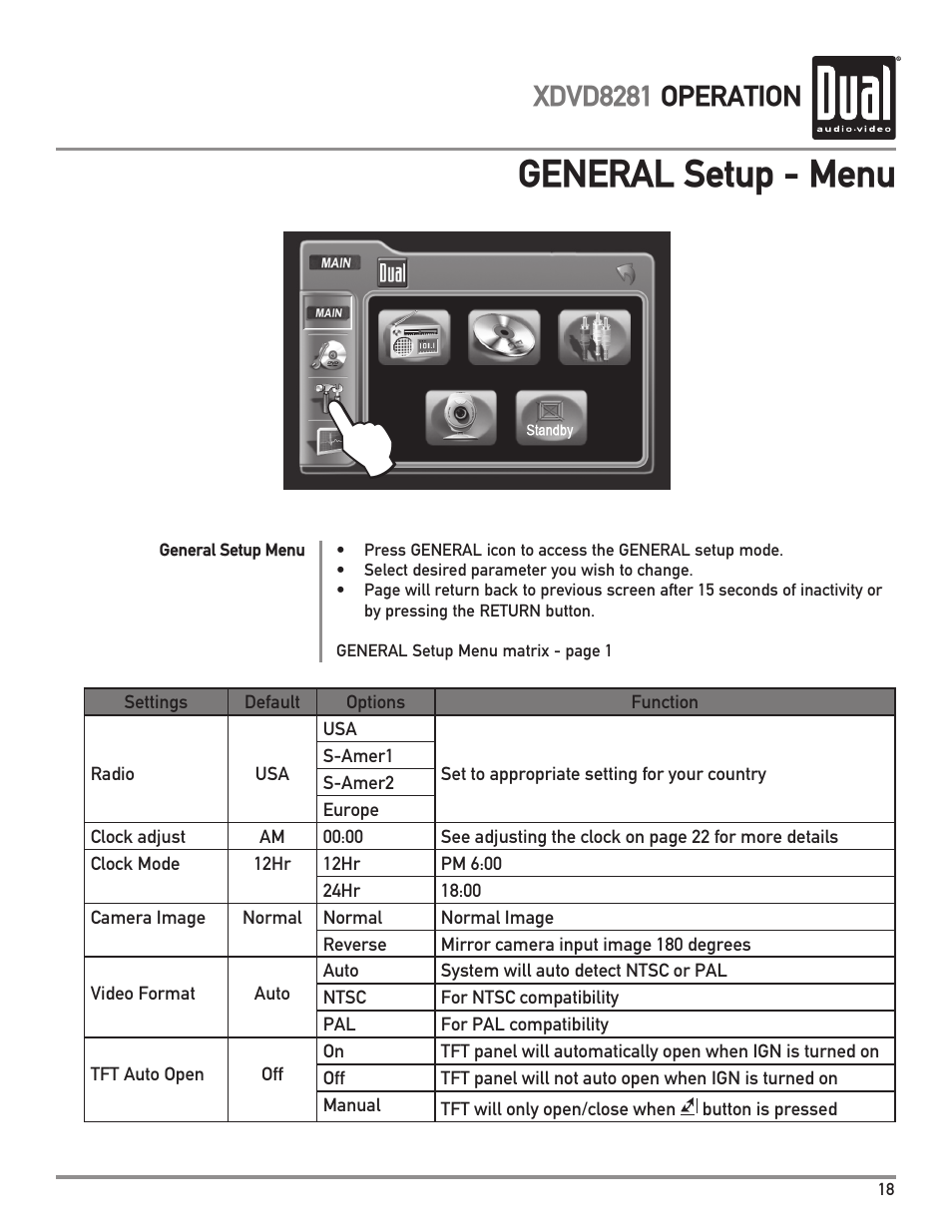 General setup - menu, Xdvd8281 operation | Dual XDVD8281 User Manual | Page 19 / 60