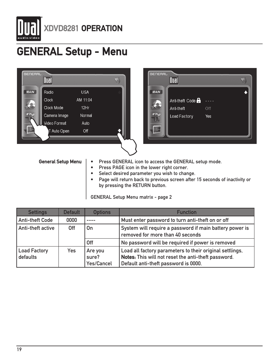 General setup - menu | Dual XDVD8281 User Manual | Page 20 / 60