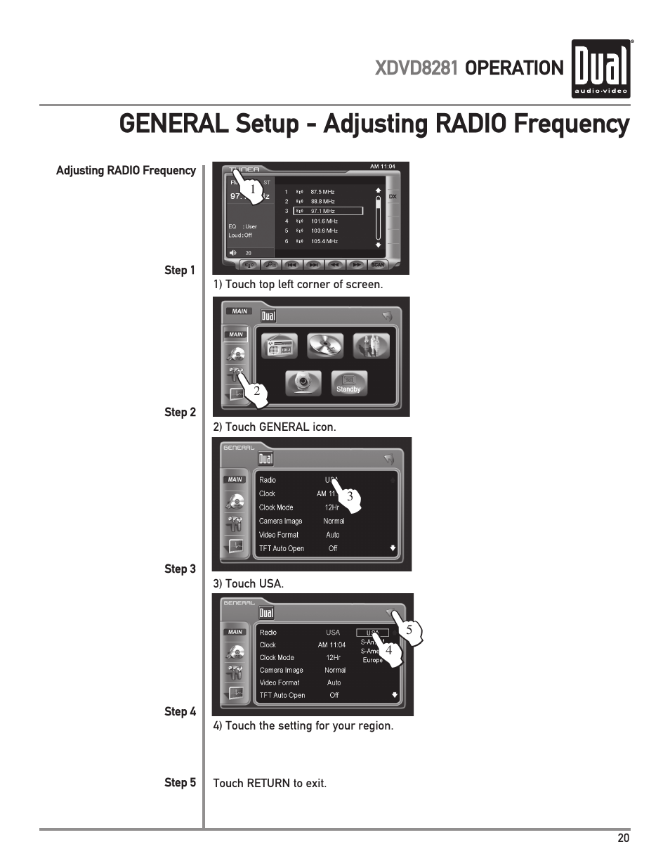 General setup - adjusting radio frequency | Dual XDVD8281 User Manual | Page 21 / 60