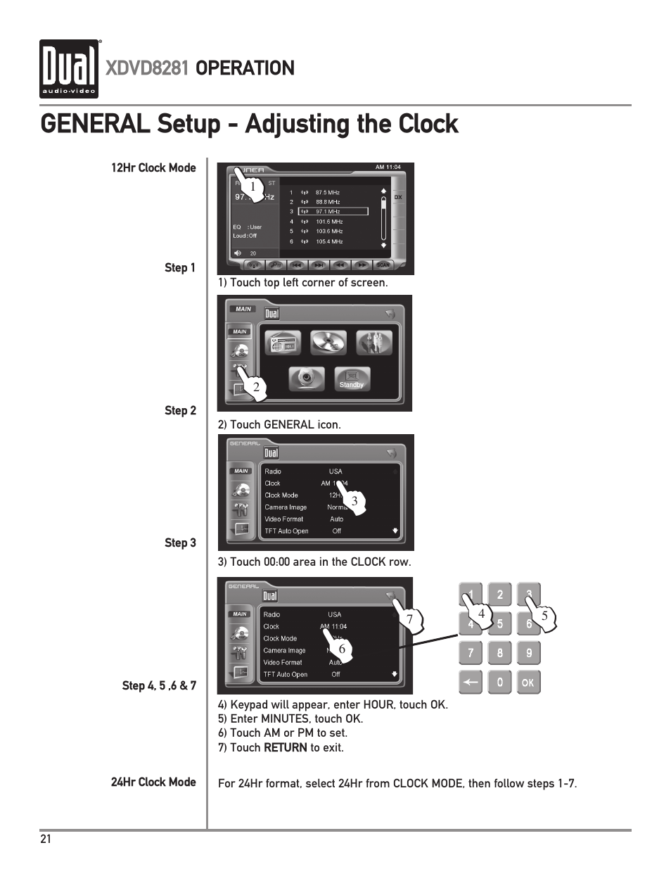General setup - adjusting the clock | Dual XDVD8281 User Manual | Page 22 / 60