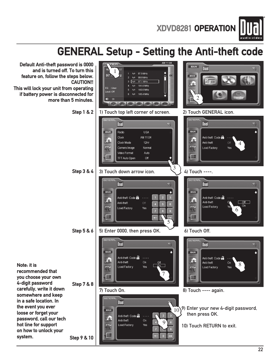 General setup - setting the anti-theft code | Dual XDVD8281 User Manual | Page 23 / 60