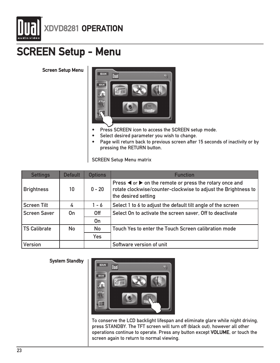 Screen setup - menu, Xdvd8281 operation | Dual XDVD8281 User Manual | Page 24 / 60