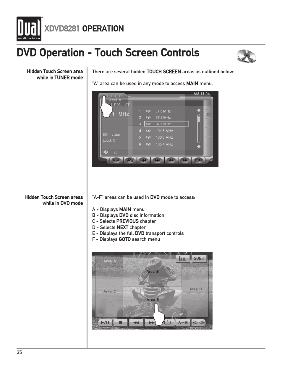 Dvd operation - touch screen controls | Dual XDVD8281 User Manual | Page 36 / 60