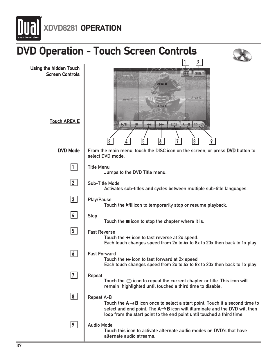 Dvd operation - touch screen controls, Xdvd8281 operation | Dual XDVD8281 User Manual | Page 38 / 60