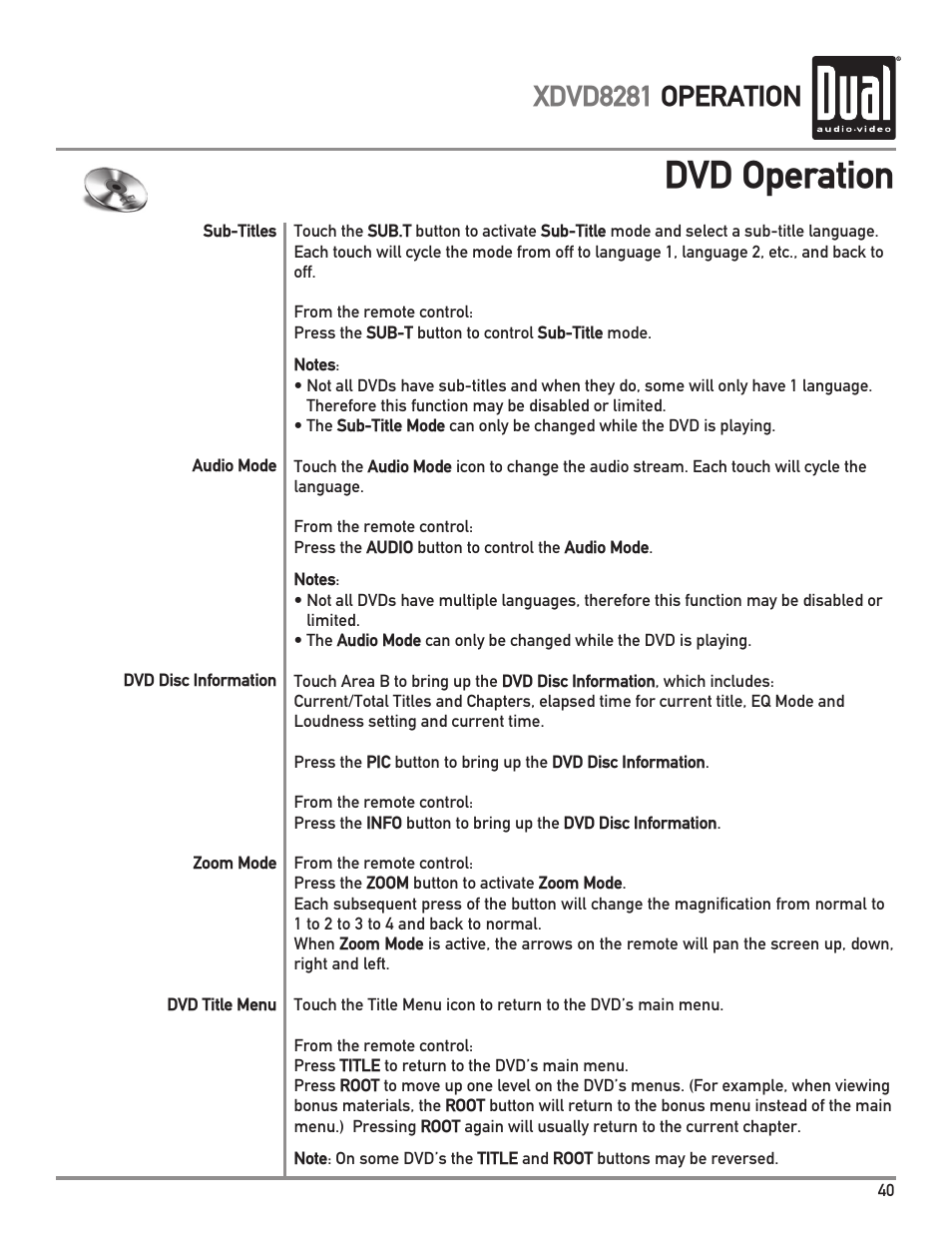 Dvd operation, Xdvd8281 operation | Dual XDVD8281 User Manual | Page 41 / 60