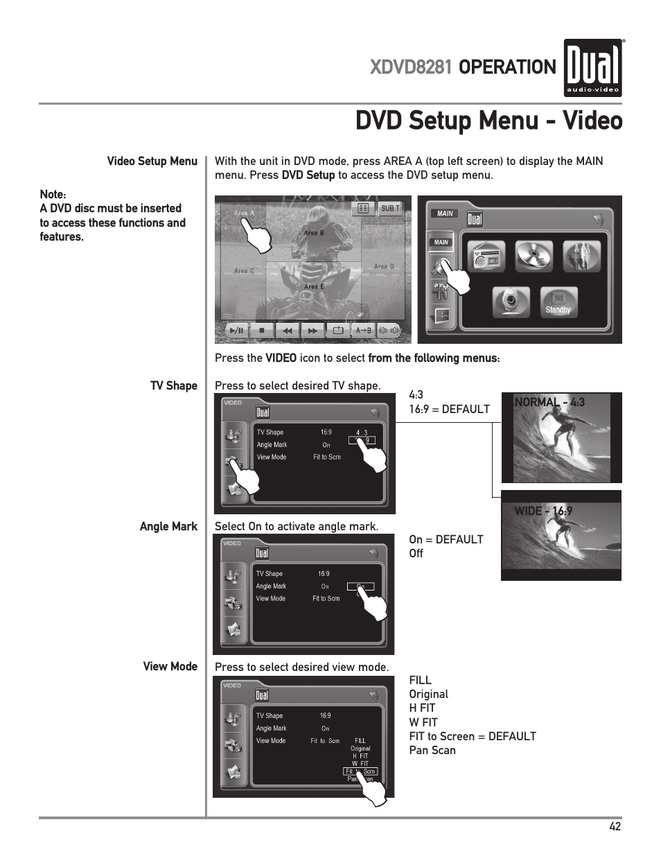 Dvd setup menu - video | Dual XDVD8281 User Manual | Page 43 / 60